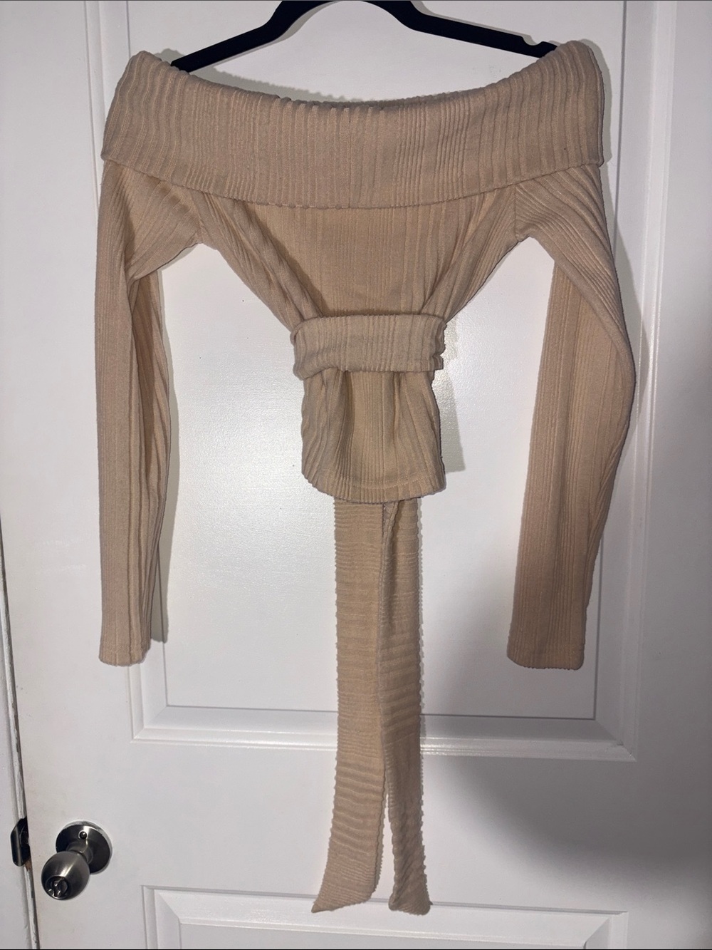 SHEIN Beige Off-the-Shoulder Ribbed Tie-Waist Sweater